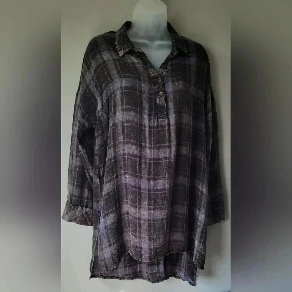 Mystree Blue & Black Plaid Half Button Hi Lo Collar Tunic Top size large - Picture 3 of 11